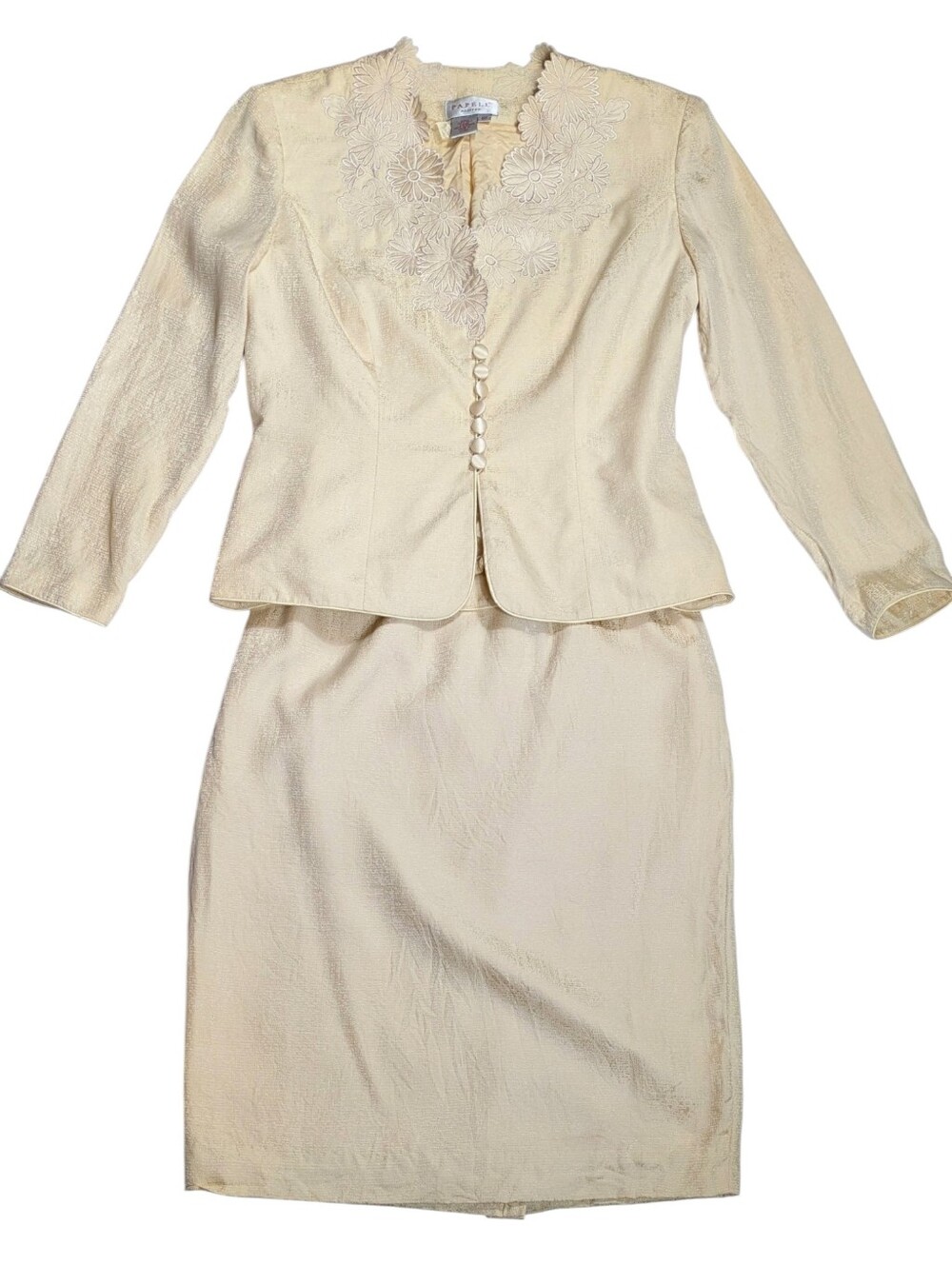 90s Papell Classic Women's Silk Cream Skirt Suit with Floral Neckline Size 6P
